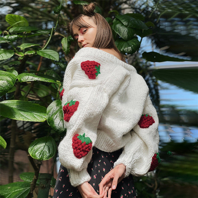Prered Designer Para Mujer 2022 Loose Crochet Jacquard Strawberry Fall Winter Christmas Knit Cardigan Sweater Women