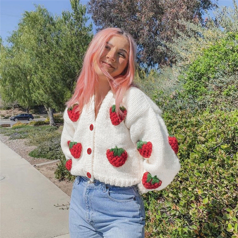 Prered Designer Para Mujer 2022 Loose Crochet Jacquard Strawberry Fall Winter Christmas Knit Cardigan Sweater Women