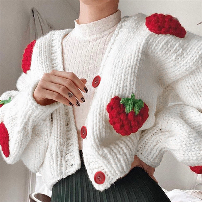 Prered Designer Para Mujer 2022 Loose Crochet Jacquard Strawberry Fall Winter Christmas Knit Cardigan Sweater Women