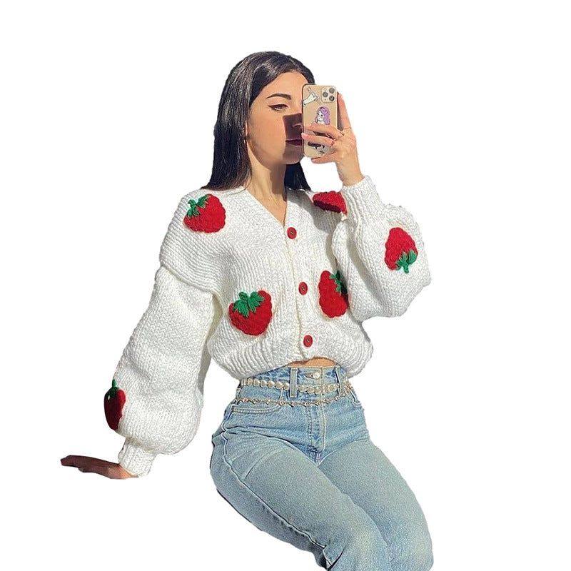 Prered Designer Para Mujer 2022 Loose Crochet Jacquard Strawberry Fall Winter Christmas Knit Cardigan Sweater Women