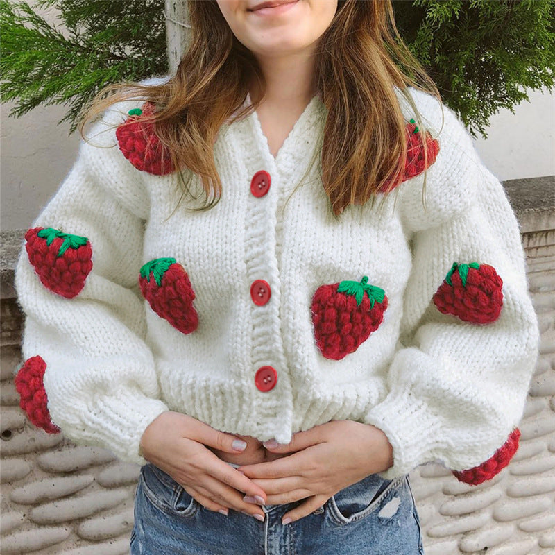 Prered Designer Para Mujer 2022 Loose Crochet Jacquard Strawberry Fall Winter Christmas Knit Cardigan Sweater Women